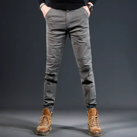 高端修身休闲裤男秋冬新款男士拼接潮流松紧腰束脚灰色工装裤厚款商品大图