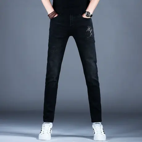 男士秋冬款刺绣牛仔裤男款小脚修身潮流男士2023新款紧身潮牌高档商品大图