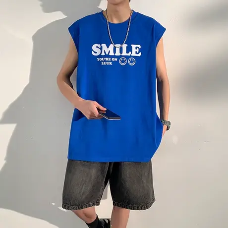 夏季克莱因蓝上衣服男装纯棉工字无袖显肌肉背心男生篮球t恤男士商品大图