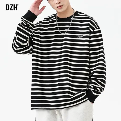 男士条纹t恤男长袖内搭圆领打底衫休闲男装2023新款宽松上衣秋衣商品大图