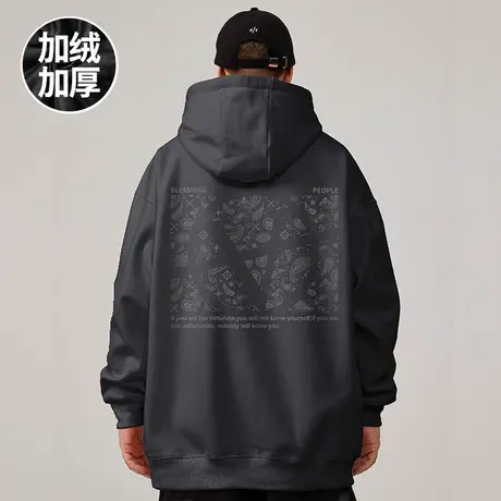 大码套头美式潮牌胖子男装加绒加厚潮宽松国潮情侣连帽卫衣秋冬款商品大图