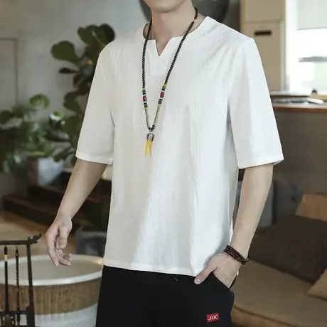 秋季亚麻短袖t恤男中国风V领打底衫大码薄款男装茶服棉麻宽松体恤图片