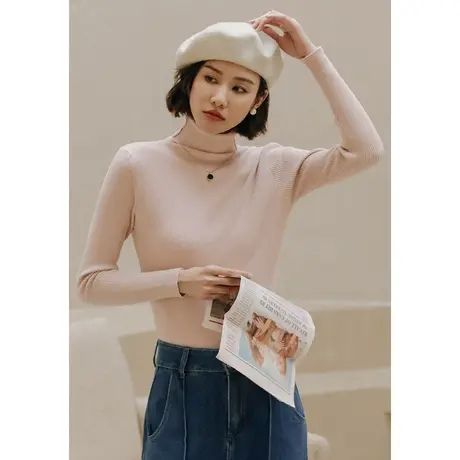 弥古粉色高领针织打底衫女秋冬气质百搭显瘦修身纯色毛衣内搭上衣商品大图