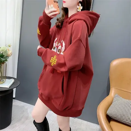 圣诞新年红色加绒加厚连帽卫衣女2023新款秋冬宽松洋气设计感外套商品大图