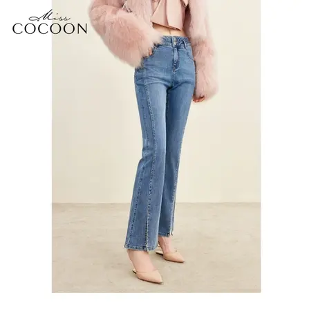 missCOCOON千金玛德琳微喇裤2023冬季新女脚口开叉中长款牛仔裤商品大图