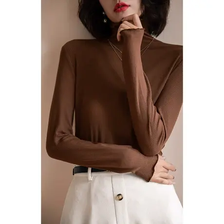 弥古木耳边高领打底衫长袖t恤女春秋美拉德穿搭修身针织内搭上衣商品大图