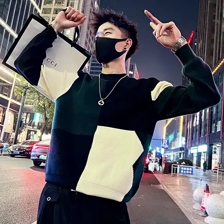 高级感拼色毛衣男潮牌加厚秋冬打底针织衫ins轻熟风休闲内搭线衣商品大图