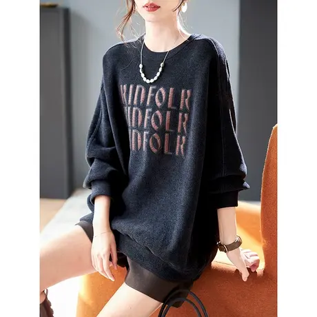 宝诗黎圆领字母长袖上衣针织衫女宽松休闲套头毛衣2024春秋季新款商品大图