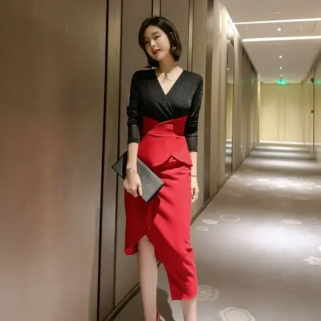 欧美ins女装2023宴会名媛修身包臀成熟风收腰显瘦知性礼服连衣裙商品大图