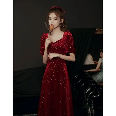 丝绒晚礼服2023新款敬酒服新娘结婚宴会中长款酒红色复古气质夏季商品大图