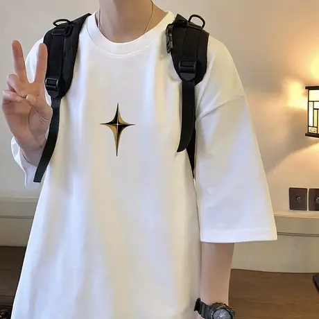 夏季纯棉T恤男短袖港风潮牌打底衫宽松半截袖vintage美式高街体恤商品大图