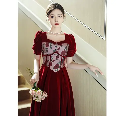 敬酒服新娘2024新款夏季高级感法式玫瑰骑士订婚礼服连衣裙女丝绒商品大图