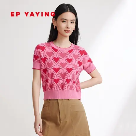 EP YAYING雅莹女装 爱心拼色肌理短袖针织衫 2024早春新品9543A图片
