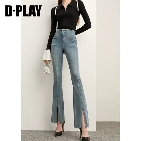[雪欧尼专享]DPLAY德帕拉法式复古开衩修身喇叭牛仔蓝长裤图片