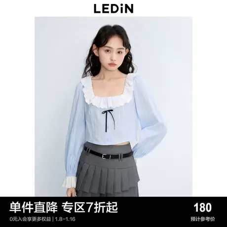 乐町方领荷叶边小上衣蝴蝶结点缀衬衫秋新品袖口蕾丝边衬衣商品大图