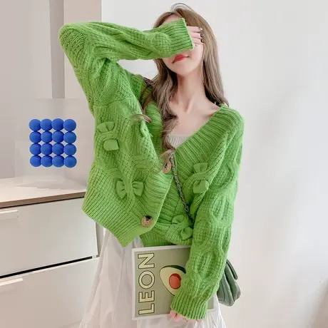 othermix绿色V领毛衣外套女2024春新款洋气减龄休闲针织开衫外套图片