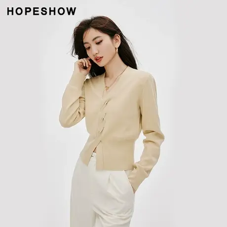 红袖温柔绞花开叉套头针织衫hopeshow2024春新款法式V领薄款毛衣商品大图