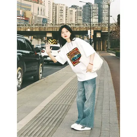 纯棉美式复古设计感短袖t恤女夏季新款小众潮牌韩版宽松半袖上衣商品大图