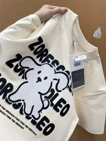 杏色纯棉正肩短袖t恤女夏季新款宽松oversize设计感小众圆领上衣商品大图