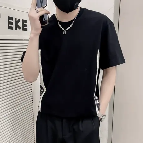 高级感撞色印花短袖T恤男夏季2024新款潮牌时尚拼接半截袖上衣t恤图片