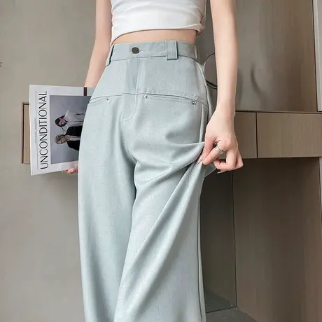 浅绿色西装裤女2024春秋新款高腰宽松直筒显瘦棉麻阔腿拖地长裤商品大图