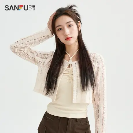 三福长T恤2024夏季挂脖吊带开衫披肩两件套上衣女装483796图片