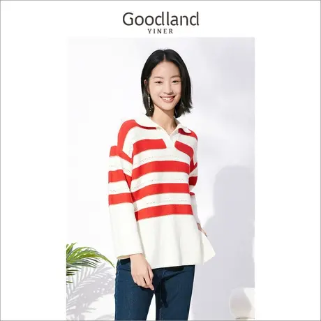 Goodland女装2022冬季侧开叉慵懒风软糯镂空条纹套头毛衣商品大图