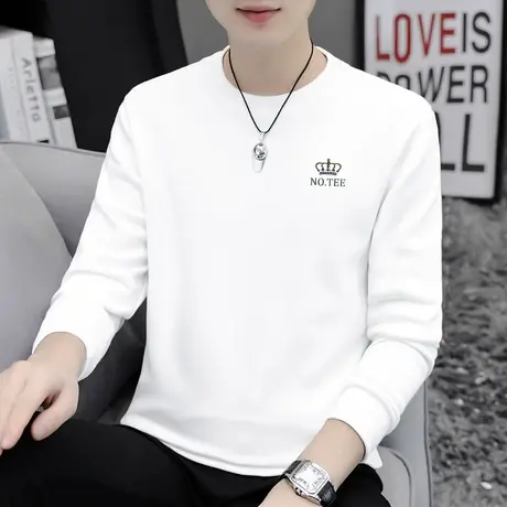 重磅纯棉t恤男长袖保暖加绒加厚白色打底衫摇粒绒全棉内搭秋衣服商品大图