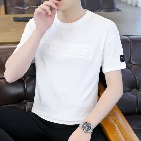 夏季立体字母T恤男2023新款圆领修身简约半袖打底衫百搭棉感短袖t商品大图