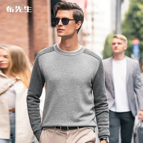 MrBu布先生拼色圆领羊毛衫男 秋冬新款显瘦插肩袖厚款毛衣BT11619图片