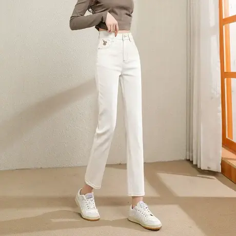 时尚气质百搭白色牛仔长裤2023年春季新款女士简约高腰显瘦通勤裤图片