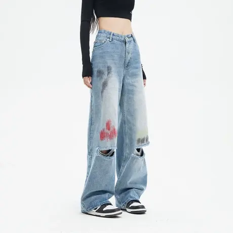 美式复古涂鸦破洞牛仔裤女2023年新款春秋款宽松显瘦直筒裤拖地裤商品大图