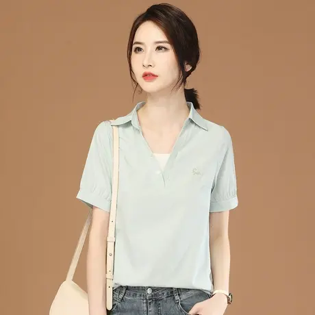 韩潮袭人法式假两件条纹刺绣短袖衬衣2023夏装新款女士衬衫设计感商品大图