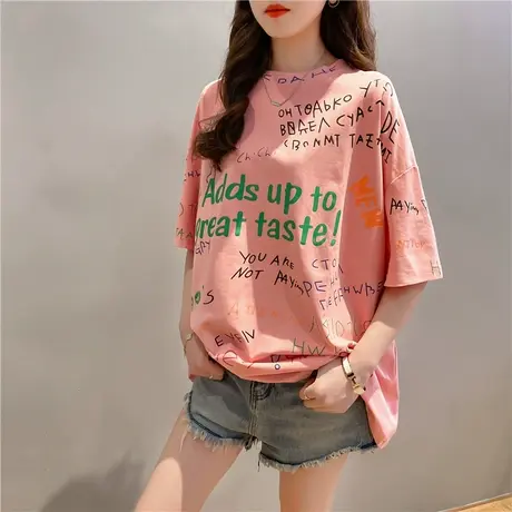 中长款t恤女短袖2023夏季新款宽松韩版字母涂鸦印花半袖体恤ins潮商品大图