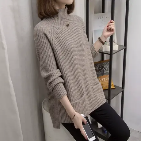 高领毛衣女套头2023秋冬新款针织衫宽松慵懒风上衣加厚内搭打底衫图片