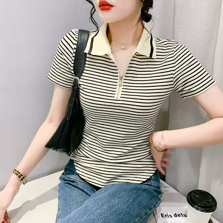 2023夏装新款拉链POLO领T恤女短袖洋气条纹小衫修身显瘦网红上衣商品大图