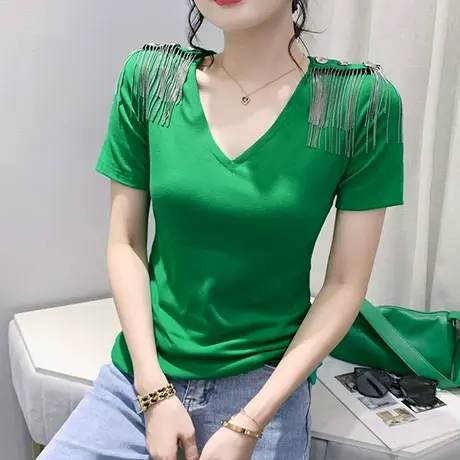 欧货性感V领T恤女短袖2023夏装新款设计感小众上衣洋气流苏小衫潮商品大图