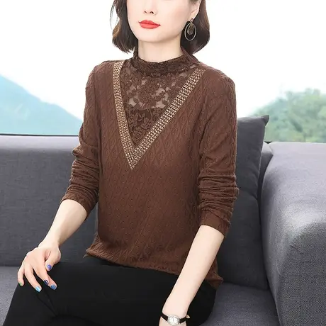 2023春秋新款大码时尚V领打底衫女中年妈妈洋气修身蕾丝衫女上衣图片