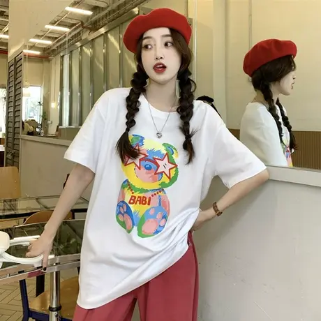 纯棉短袖t恤女2023年夏季新款卡通印花宽松休闲体恤中长款上衣潮商品大图