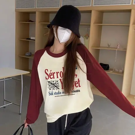 2023插肩100纯棉inst恤小众宽松韩版秋冬美式学生韩版慵懒风上衣图片