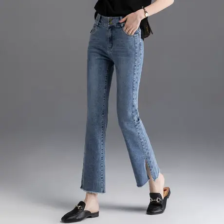 开叉微喇牛仔裤女高腰显瘦九分裤2023新款女士宽松休闲直筒喇叭裤图片
