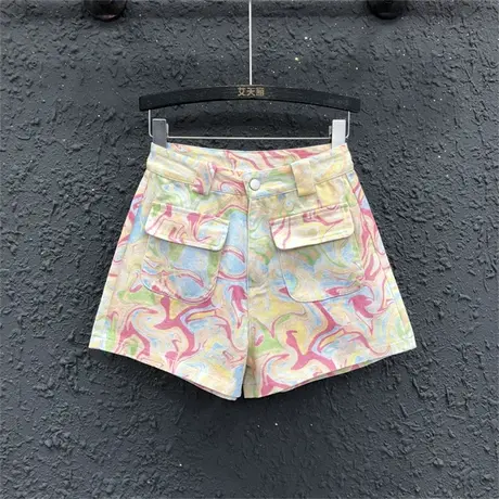 洋气彩色高腰工装牛仔短裤女2023春夏新款宽松显瘦a字阔腿裤热裤商品大图