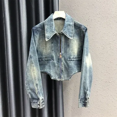 欧货不规则长袖拉链外套女2023秋季新款宽松显瘦百搭短款上衣夹克商品大图