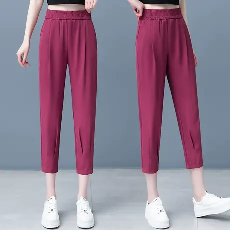 玫红色哈伦裤女夏季薄款高腰垂感老爹裤2023年新款宽松九分萝卜裤商品大图
