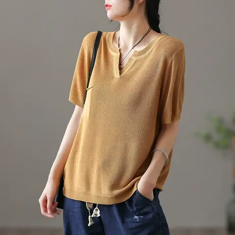 dza 复古薄款针织短袖t恤女夏季薄款漂亮短袖宽松V领打底短款上衣商品大图