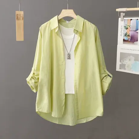 外搭薄款防晒衫衬衫外套女长袖中长款纯棉防晒衣衬衣户外海边开衫商品大图