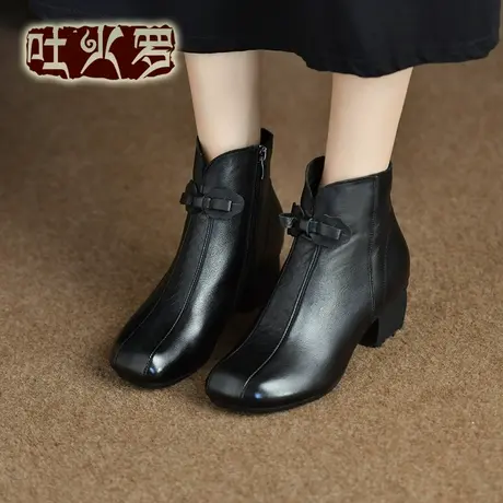 吐火罗2022秋新款复古粗跟真皮短靴舒适牛皮高帮系带简约休闲女靴商品大图