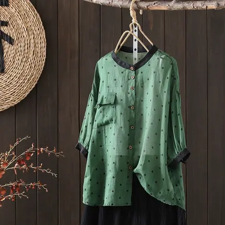 枫谜2023年夏季新款波点撞色棉麻短袖衬衫女宽松显瘦百搭衬衣上衣图片