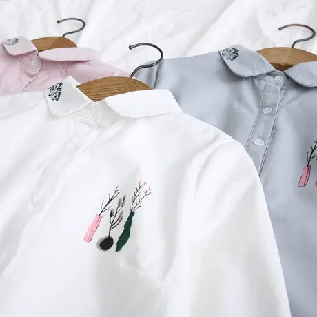 秋冬日系文艺小清新印花加绒加厚纯棉白色衬衫女长袖学生打底衬衣图片