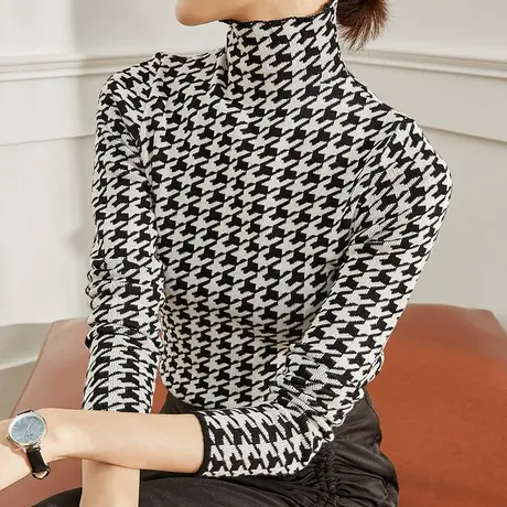 千鸟格半高领洋气加厚打底衫女2023年秋冬内搭针织衫毛衣保暖上衣商品大图